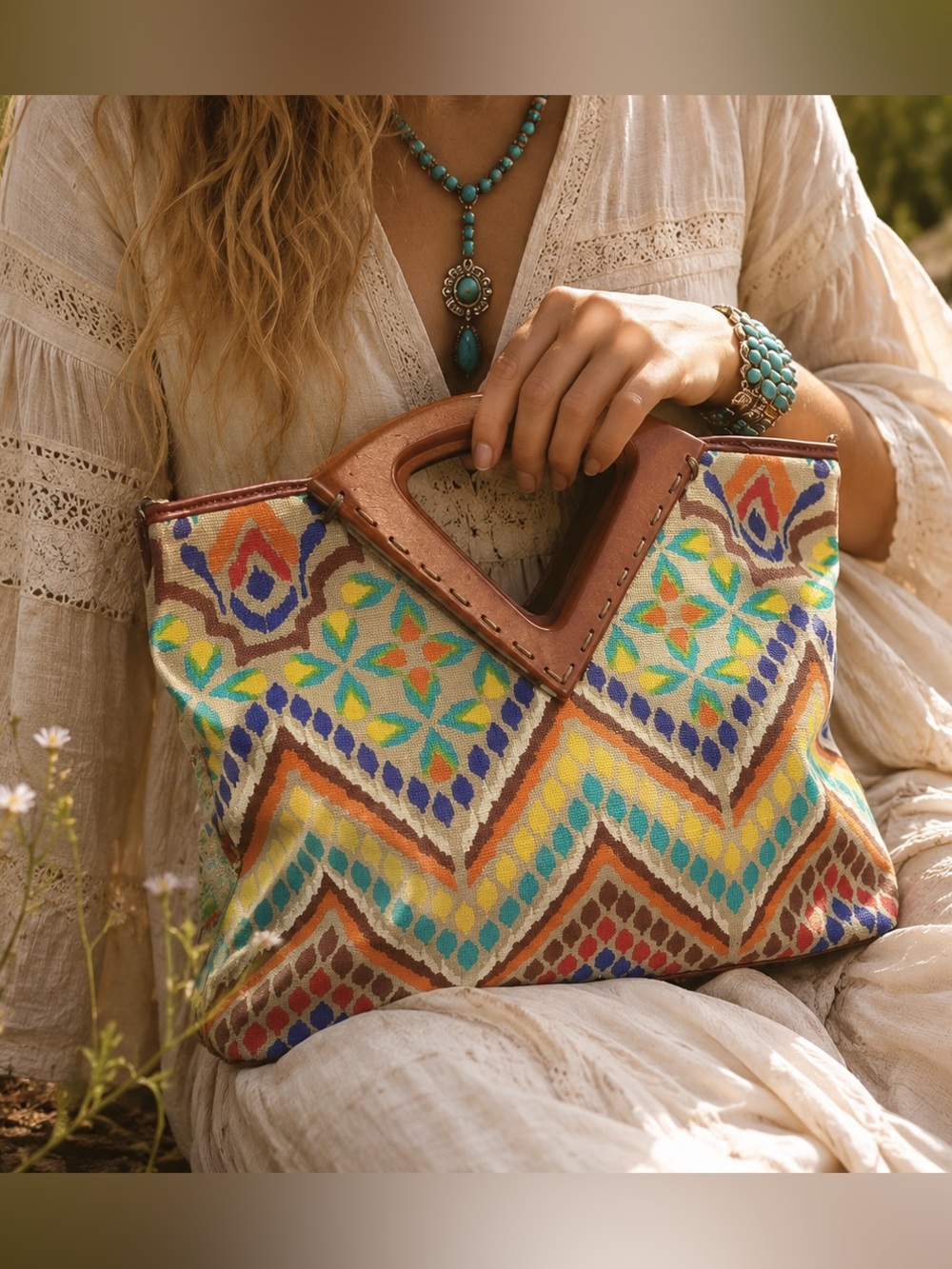 Sarah Violet Colorful Chevron Boho Canvas Tote | Artisan Pattern Statement Bag